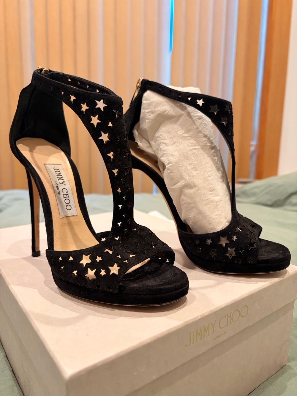 Jimmy Choo Black Star Cutout Suede T-Strap Stilettos